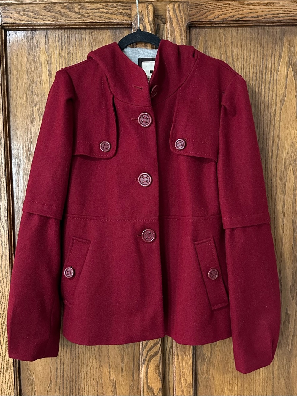 Elevenses Anthropologie Crimson Red Wool Hooded Jacket Sz 14